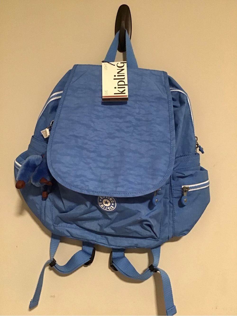 Kipling Sky Blue Campus Backpack with Monkey Charm